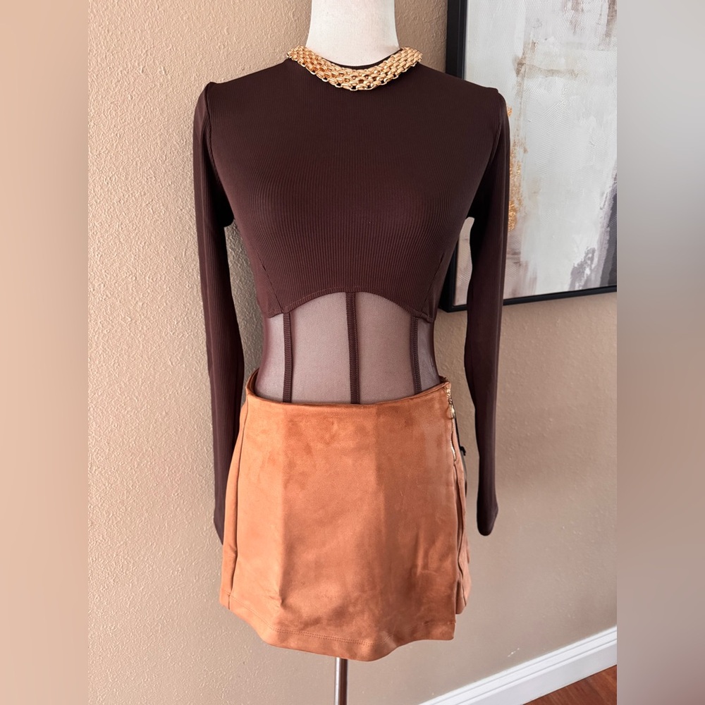 Brown Faux Suede Mini Skort - Picture 7 of 10